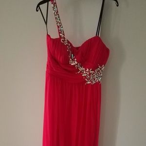 Red formal dress.